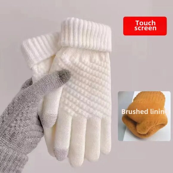 2/$30 White Knit Touchscreen Gloves Brushed Fleece Lined Winter Warm Unisex - Picture 4 of 5